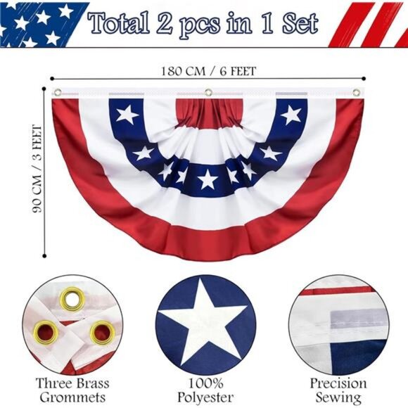 2 Pack USA Pleated Fan Flag, 3 X 6 Feet American US Bunting...